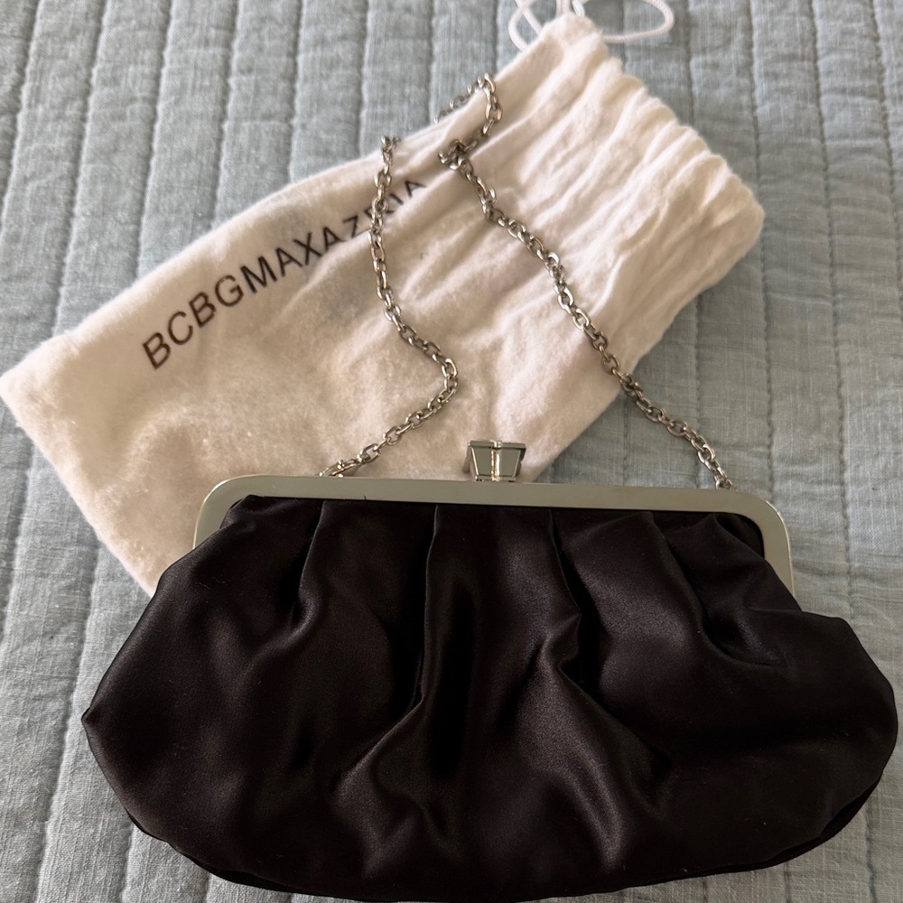 BCBGMaxAzria Black Satin Frame Clutch with Silver Chain